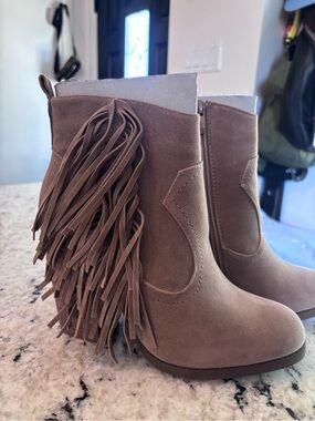Fringe Suede Ankle Booties in Taupe